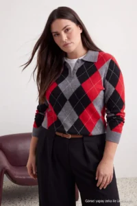 Trendyol Curve Anthracite Premium Thread/Special Thread Baklava Patterned Knitwear Sweater - Image 2
