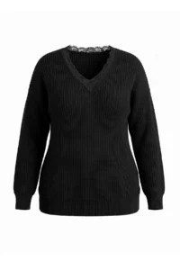 Trendyol Curve Black Oversized Lace Detailed V-Neck Sweater - Image 5