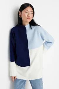 Trendyol Modest BLUE Color Color Bloklu High Neck Knitwear Sweater - Image 2