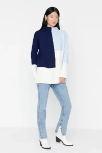 Trendyol Modest BLUE Color Color Bloklu High Neck Knitwear Sweater - Image 3