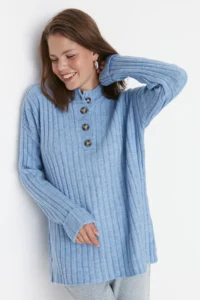 Trendyol Modest BLUE Collar buttoned Ribbed Knitwear Sweater