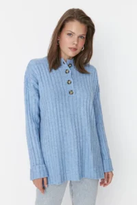 Trendyol Modest BLUE Collar buttoned Ribbed Knitwear Sweater - Image 4