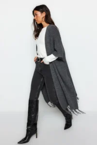 Trendyol Modest Anthracite Skirt Tasseled LONG Knitwear Cardigan - Image 2