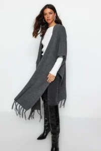 Trendyol Modest Anthracite Skirt Tasseled LONG Knitwear Cardigan - Image 3