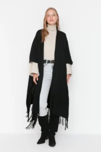 Trendyol Modest Black Skirt Tasseled LONG Knitwear Cardigan