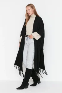Trendyol Modest Black Skirt Tasseled LONG Knitwear Cardigan - Image 2