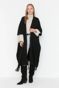 Trendyol Modest Black Skirt Tasseled LONG Knitwear Cardigan - Image 3