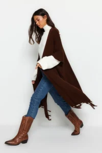 Trendyol Modest Brown Skirt Tasseled LONG Knitwear Cardigan - Image 2