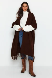 Trendyol Modest Brown Skirt Tasseled LONG Knitwear Cardigan - Image 3