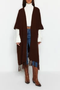 Trendyol Modest Brown Skirt Tasseled LONG Knitwear Cardigan - Image 4