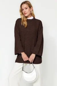 Trendyol Modest Brown Cellular/Delikli Crew Neck Knitwear Sweater - Image 2
