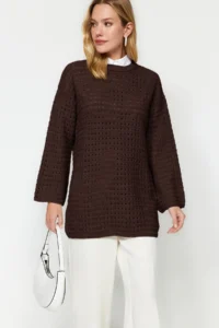 Trendyol Modest Brown Cellular/Delikli Crew Neck Knitwear Sweater - Image 3
