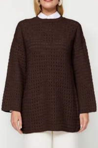 Trendyol Modest Brown Cellular/Delikli Crew Neck Knitwear Sweater - Image 4