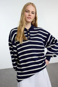 Trendyol Modest NAVY BLUE Striped Balloon Sleeve Polo Shirt Collar Knitwear Sweater