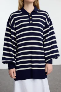 Trendyol Modest NAVY BLUE Striped Balloon Sleeve Polo Shirt Collar Knitwear Sweater - Image 3