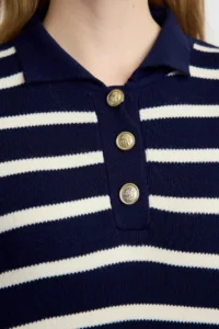 Trendyol Modest NAVY BLUE Striped Balloon Sleeve Polo Shirt Collar Knitwear Sweater - Image 4