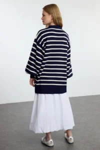 Trendyol Modest NAVY BLUE Striped Balloon Sleeve Polo Shirt Collar Knitwear Sweater - Image 5
