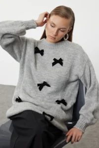 Trendyol Modest Gray Fiyonk Detailed Knitwear Sweater
