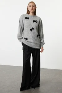 Trendyol Modest Gray Fiyonk Detailed Knitwear Sweater - Image 2
