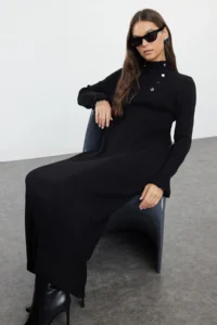 Trendyol Modest Black Accessory buttoned Rib Knit Dress