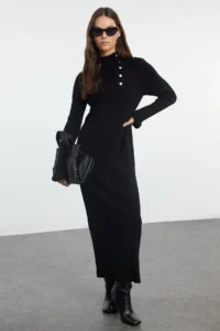 Trendyol Modest Black Accessory buttoned Rib Knit Dress - Image 2