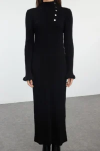 Trendyol Modest Black Accessory buttoned Rib Knit Dress - Image 3
