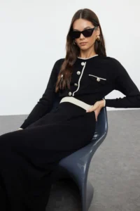 Trendyol Modest Black Piped buttoned Knit Dress - Image 3
