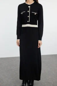 Trendyol Modest Black Piped buttoned Knit Dress - Image 4