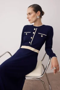 Trendyol Modest NAVY BLUE Piped buttoned Knit Dress - Image 2