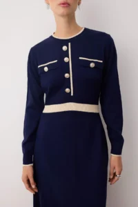 Trendyol Modest NAVY BLUE Piped buttoned Knit Dress - Image 3