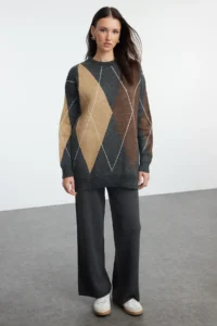 Trendyol Modest Anthracite Color Blocked Soft textured Knitwear Top and Bottom Set