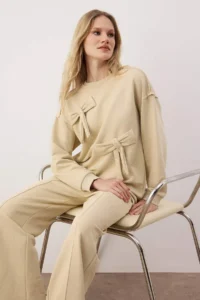 Trendyol Modest Beige Oversized 3 Yarn combed Plain Knitting Hijab Bottom - Top Set - Image 2