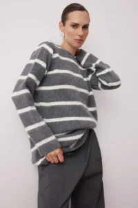 Trendyol Modest Anthracite Striped Soft textured Hairy Knitwear Sweater - Image 2