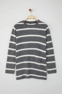 Trendyol Modest Anthracite Striped Soft textured Hairy Knitwear Sweater - Image 5