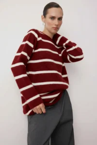 Trendyol Modest Burgundy Striped Soft textured Hairy Knitwear Sweater