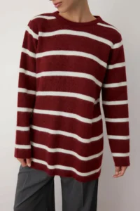 Trendyol Modest Burgundy Striped Soft textured Hairy Knitwear Sweater - Image 2