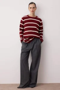 Trendyol Modest Burgundy Striped Soft textured Hairy Knitwear Sweater - Image 3