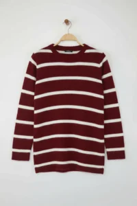 Trendyol Modest Burgundy Striped Soft textured Hairy Knitwear Sweater - Image 5