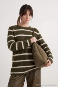 Trendyol Modest Light Khaki Striped Soft textured Knitwear Sweater