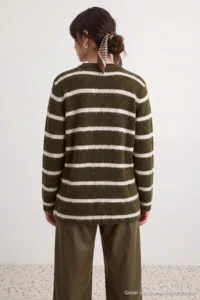 Trendyol Modest Light Khaki Striped Soft textured Knitwear Sweater - Image 4