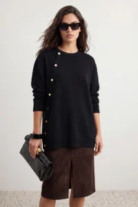 Trendyol Modest Black Asymmetric Button Detailed Knitwear Sweater
