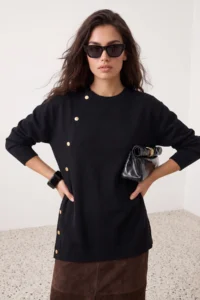 Trendyol Modest Black Asymmetric Button Detailed Knitwear Sweater - Image 2