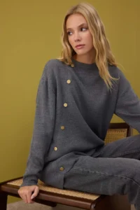 Trendyol Modest Light anthracite Button Detailed Knitwear Sweater