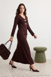 Trendyol Modest Brown Gold buttoned Knitwear Etekli Set