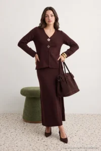 Trendyol Modest Brown Gold buttoned Knitwear Etekli Set - Image 3