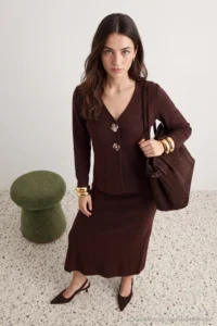 Trendyol Modest Brown Gold buttoned Knitwear Etekli Set - Image 4