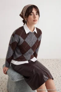 Trendyol Modest Anthracite Soft textured Plaid / Checkered Openwork Knitwear