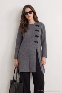 Trendyol Modest Anthracite MANDARIN Accessory Detailed Knitwear Hijab Cardigan