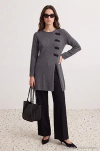 Trendyol Modest Anthracite MANDARIN Accessory Detailed Knitwear Hijab Cardigan - Image 2