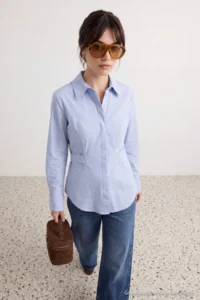 Trendyol Modest Light BLUE Binding Detailed Cotton Shirt - Image 2